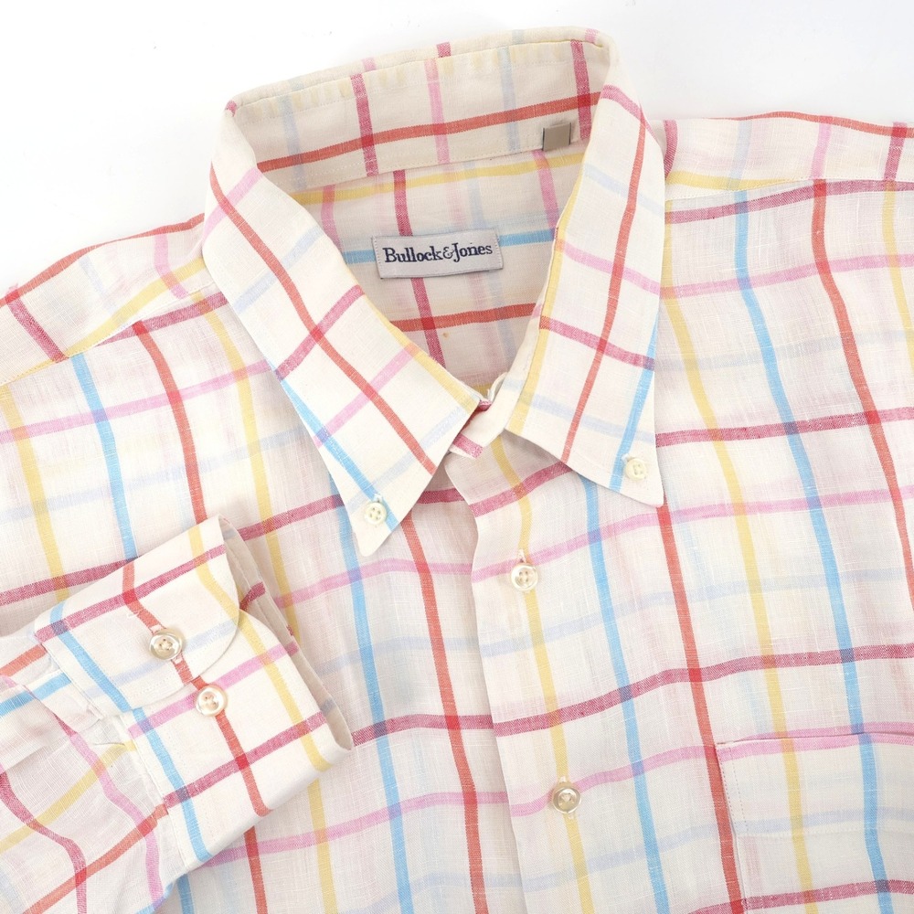 Bullock & Jones Linen Button Down Long Sleeve Shirt Spring Plaid‎ Mens XL Spring